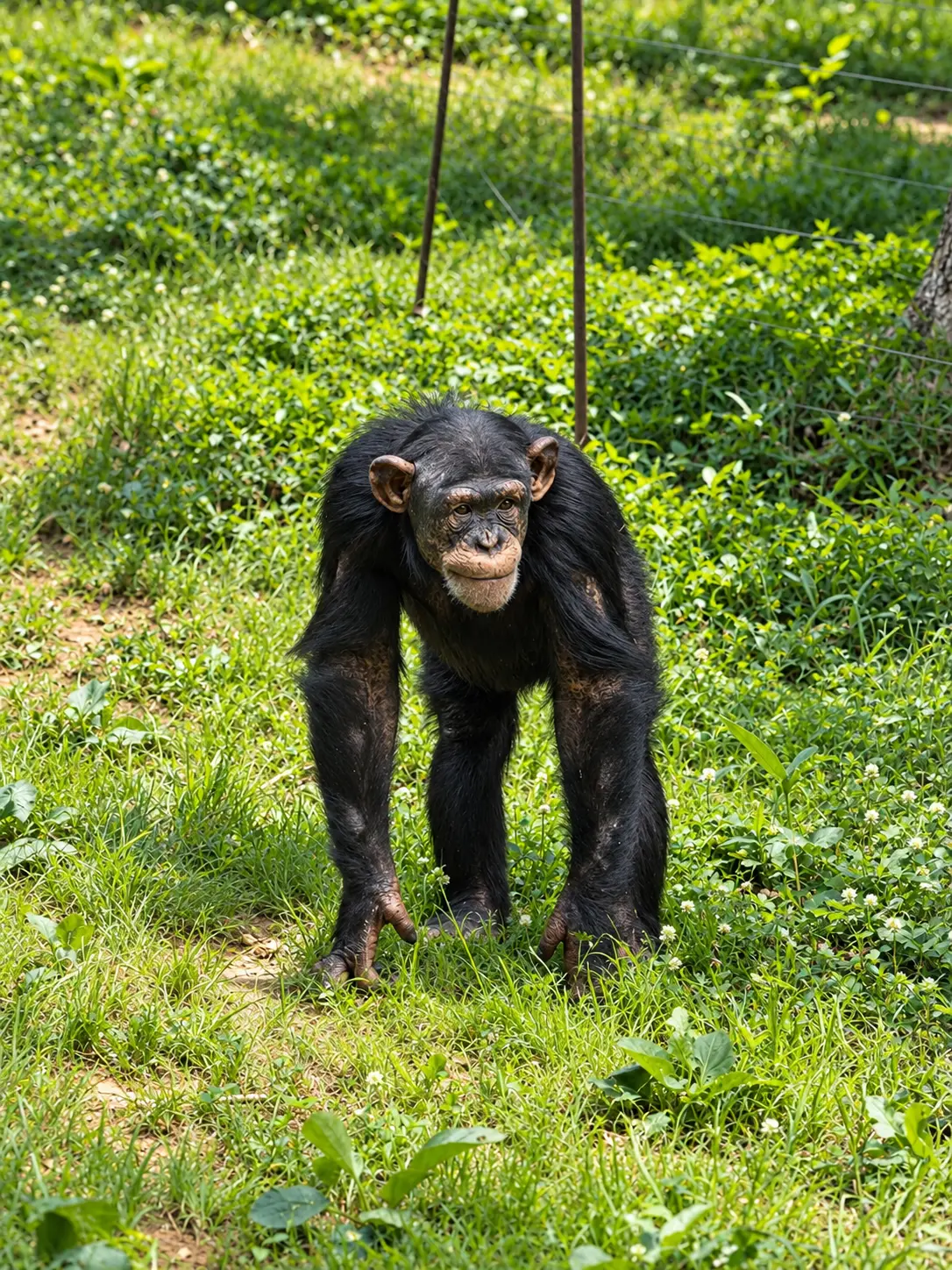 Chimpanzee standing in tall green grass
