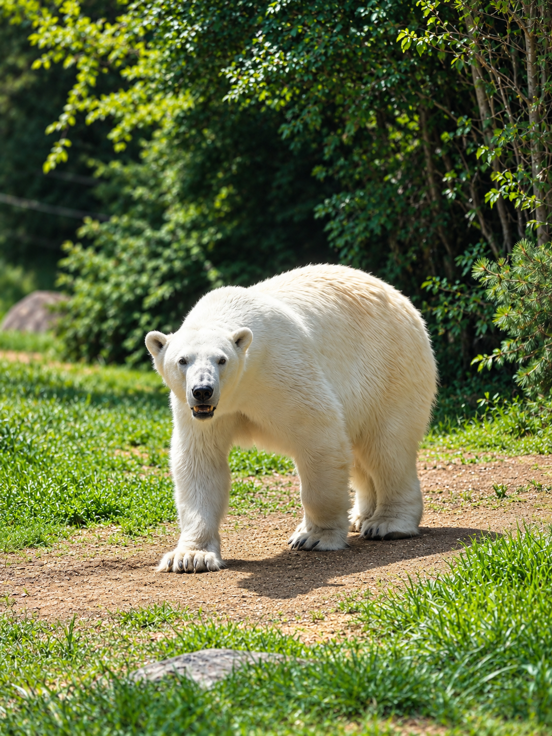 Polar bear walking a forest path
